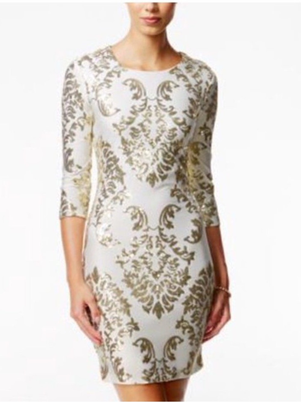 B Darlin White Dress with Gold Sequin Baroque Motif